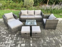 Fimous Wicker Rattan Garden Furniture Sofa Set with Armchair Square Coffee Table 3 Footstools Dark Grey Mixed - thumbnail 2
