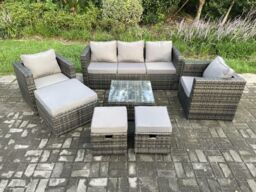 Fimous Wicker Rattan Garden Furniture Sofa Set with Armchair Square Coffee Table 3 Footstools Dark Grey Mixed - thumbnail 1