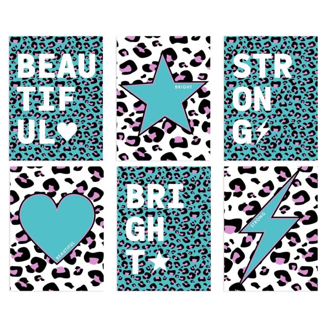 Wee Blue Coo Pack of 6 Leopard Pattern & Bold Shapes Turquoise & Purple Beautiful Bright Strong Typography Unframed Wall Art Living Room Prints Set - image 1