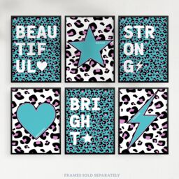 Wee Blue Coo Pack of 6 Leopard Pattern & Bold Shapes Turquoise & Purple Beautiful Bright Strong Typography Unframed Wall Art Living Room Prints Set - thumbnail 5