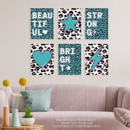Wee Blue Coo Pack of 6 Leopard Pattern & Bold Shapes Turquoise & Purple Beautiful Bright Strong Typography Unframed Wall Art Living Room Prints Set - thumbnail 2