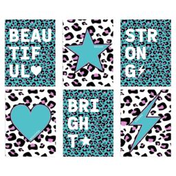 Wee Blue Coo Pack of 6 Leopard Pattern & Bold Shapes Turquoise & Purple Beautiful Bright Strong Typography Unframed Wall Art Living Room Prints Set - thumbnail 1