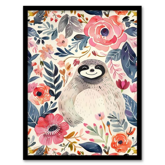 Artery8 Happy Sloth Smiling Pink Anemone Floral Pattern Framed Wall Art - Size: A4 - image 1