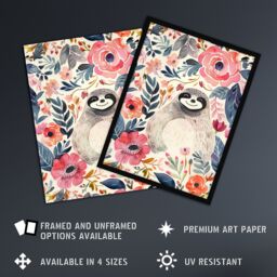 Artery8 Happy Sloth Smiling Pink Anemone Floral Pattern Framed Wall Art - Size: A4 - thumbnail 2