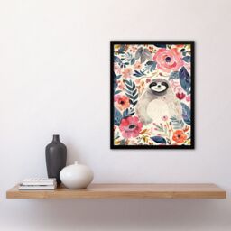 Artery8 Happy Sloth Smiling Pink Anemone Floral Pattern Framed Wall Art - Size: A4 - thumbnail 4