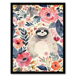 Artery8 Happy Sloth Smiling Pink Anemone Floral Pattern Framed Wall Art - Size: A4 - thumbnail 1
