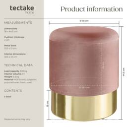 tectake Stool Sarina - Round, Padded, Velvet Look, Large Storage Space in Rose - thumbnail 6