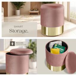 tectake Stool Sarina - Round, Padded, Velvet Look, Large Storage Space in Rose - thumbnail 5
