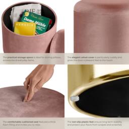 tectake Stool Sarina - Round, Padded, Velvet Look, Large Storage Space in Rose - thumbnail 4