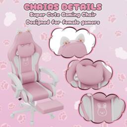 Rattantree Gaming Chair with Cat Ears & Massage Lumbar Support, for Girls with Footrest, Headrest & Recline in Pink - thumbnail 3