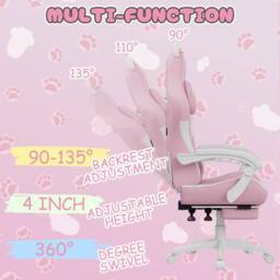 Rattantree Gaming Chair with Cat Ears & Massage Lumbar Support, for Girls with Footrest, Headrest & Recline in Pink - thumbnail 4