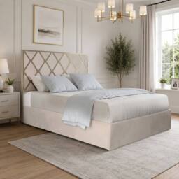 Casani Sturry Upholstered Soft Velvet Beige Metal Designer Bed Frame in Cream - Size: King - thumbnail 1