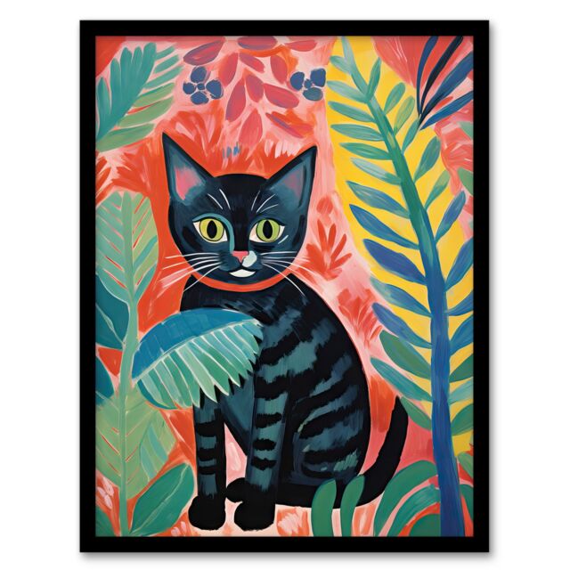 Artery8 Henri Matisse Style Black Cat In The Jungle Acrylic Painting Art Print Framed Poster Wall Decor - Size: A4 - image 1