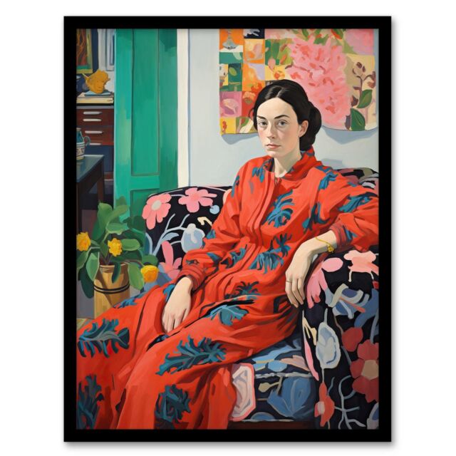 Wee Blue Coo Wall Art Print Serious Pattern Clasher Woman Lounge Posing for Portrait Red Green Blue Oil Painting Art Framed - Size: A4 - image 1