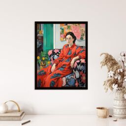 Wee Blue Coo Wall Art Print Serious Pattern Clasher Woman Lounge Posing for Portrait Red Green Blue Oil Painting Art Framed - Size: A4 - thumbnail 4