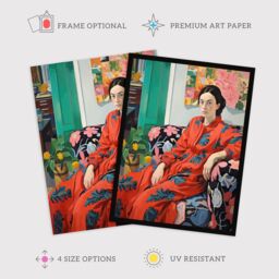 Wee Blue Coo Wall Art Print Serious Pattern Clasher Woman Lounge Posing for Portrait Red Green Blue Oil Painting Art Framed - Size: A4 - thumbnail 2
