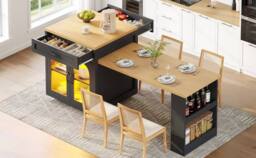 ModernLuxe Extendable kitchen island with LEDs + 2 drawers in Black - thumbnail 7