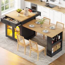 ModernLuxe Extendable kitchen island with LEDs + 2 drawers in Black - thumbnail 6