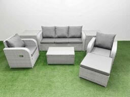 Fimous PE Rattan Garden Furniture Set Reclining Chair Sofa Lounge Sofa Set Oblong Coffee Table 2 Side Table Big Footstool Light Grey - thumbnail 1