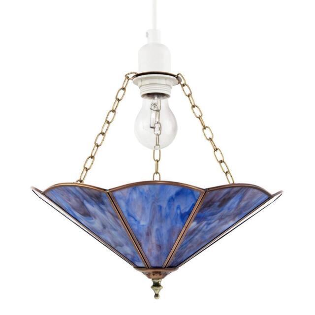Happy Homewares Classic Coloured Tiffany Glass Easy Fit Pendant Shade with Brass Trims in Blue - Size: 14 inches - image 1