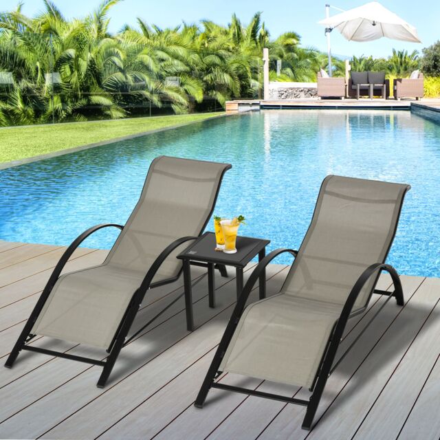 OUTSUNNY 3 Pieces Lounge Chair Set Garden Sunbathing Chair w/ Table in Grey