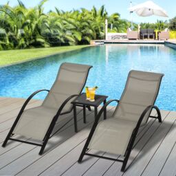 OUTSUNNY 3 Pieces Lounge Chair Set Garden Sunbathing Chair w/ Table in Grey - thumbnail 1