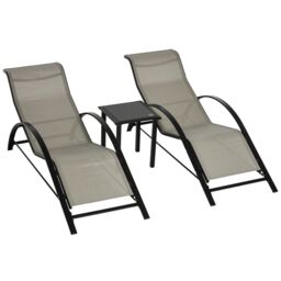 OUTSUNNY 3 Pieces Lounge Chair Set Garden Sunbathing Chair w/ Table in Grey - thumbnail 2