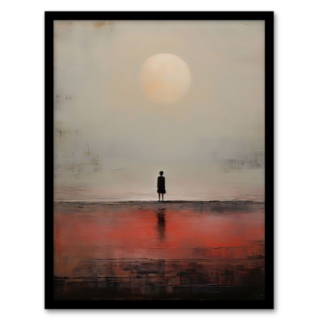 Artery8 Wall Art Print Alone with the Sea Minimalist Misty Seascape Sunset Framed - Size: A4 - image 1
