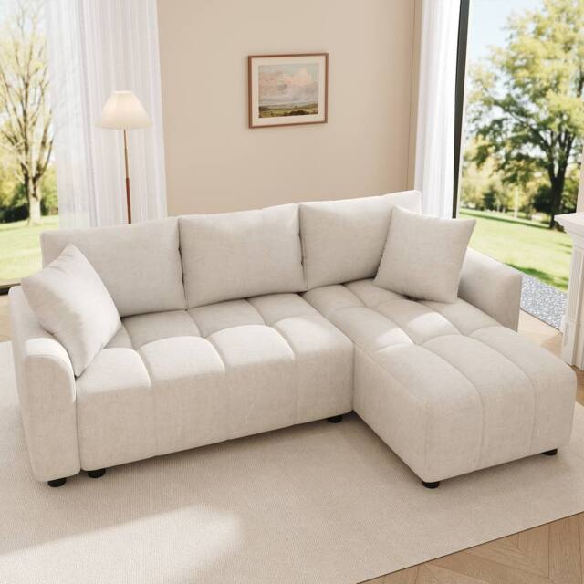 BTM 3 Seater L Shaped Sofa Chenille Upholstered Corner Sofa Couch in Beige - image 1