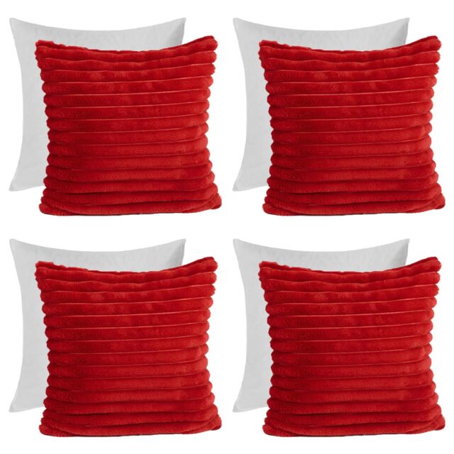 OHS 4 x Faux Fur Thick Rib Filled Cushion Covers in Red - Size: 45 cm x 45 cm - image 1