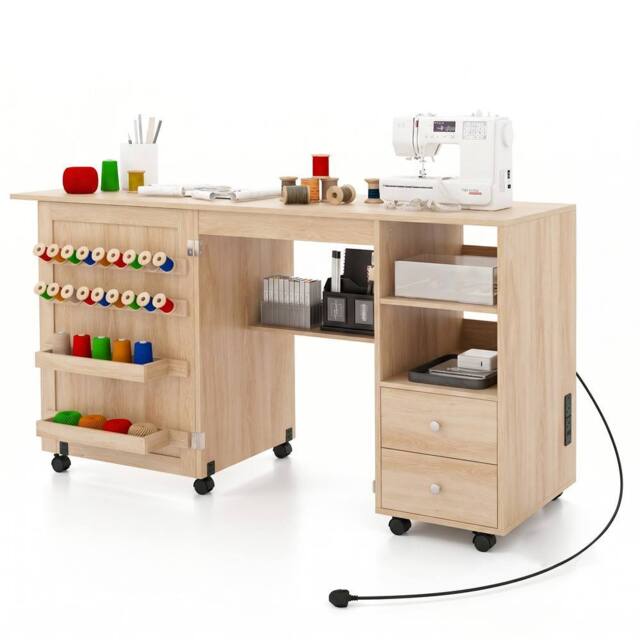 Gymax Folding Sewing Table Multifunctional Sewing Machine Cart Table in Natural - image 1