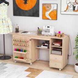 Gymax Folding Sewing Table Multifunctional Sewing Machine Cart Table in Natural - thumbnail 5
