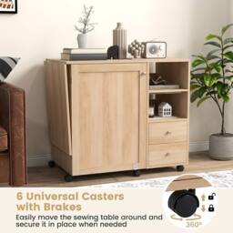 Gymax Folding Sewing Table Multifunctional Sewing Machine Cart Table in Natural - thumbnail 4