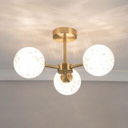 ValueLights India White Confetti Glass 3 Way Flush Ceiling Light with LED Bulbs in Gold - thumbnail 1