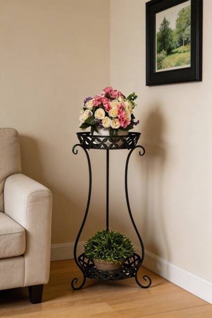 ExtraStar 2-Tier Vintage Metal Plant Stand with Decorative Design in Black - image 1