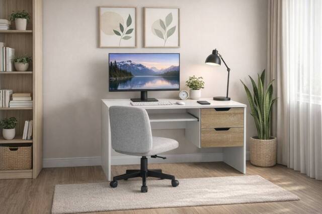 Kidsaw Modern Home Office Desk with Storage Drawers, White/Oak Effect - Size: Large - image 1