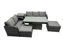 Fimous Rattan Garden Furniture Dining Set 7-seater with Side Table in Dark Grey - thumbnail 1