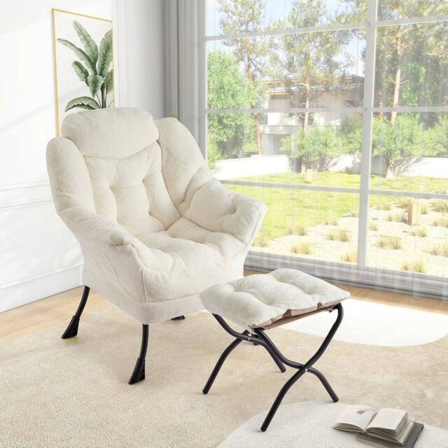 London Boutique Modern Lazy Chair w/Ottoman Upholstered Reading Chair Accent Chair in Beige - image 1