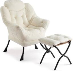 London Boutique Modern Lazy Chair w/Ottoman Upholstered Reading Chair Accent Chair in Beige - thumbnail 3