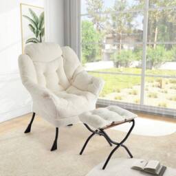 London Boutique Modern Lazy Chair w/Ottoman Upholstered Reading Chair Accent Chair in Beige - thumbnail 1