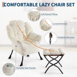 London Boutique Modern Lazy Chair w/Ottoman Upholstered Reading Chair Accent Chair in Beige - thumbnail 4