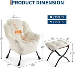 London Boutique Modern Lazy Chair w/Ottoman Upholstered Reading Chair Accent Chair in Beige - thumbnail 2