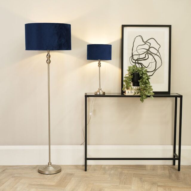 ValueLights Maggie Brushed Chrome Candlestick Floor Lamp with Velvet Lamp Shade & LED Bulb in Navy - image 1