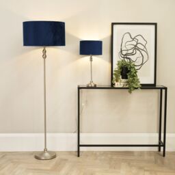 ValueLights Maggie Brushed Chrome Candlestick Floor Lamp with Velvet Lamp Shade & LED Bulb in Navy - thumbnail 1