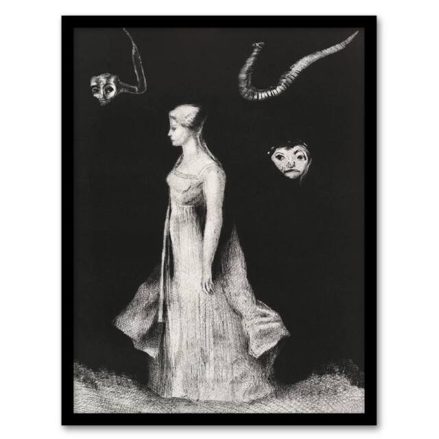 Artery8 Haunting Ghostly Female Figure Redon Vintage Framed Wall Art Print in Black - Size: A4 - image 1