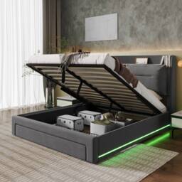 BTM Dark Gray Velvet 4ft6 Double Hydraulic Bed with LED Lights & Storage in Grey - thumbnail 4