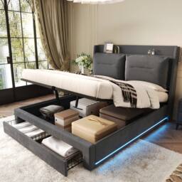 BTM Dark Gray Velvet 4ft6 Double Hydraulic Bed with LED Lights & Storage in Grey