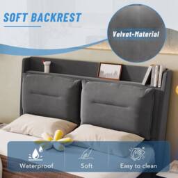 BTM Dark Gray Velvet 4ft6 Double Hydraulic Bed with LED Lights & Storage in Grey - thumbnail 5