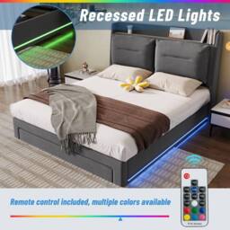 BTM Dark Gray Velvet 4ft6 Double Hydraulic Bed with LED Lights & Storage in Grey - thumbnail 9