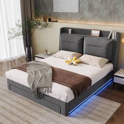 BTM Dark Gray Velvet 4ft6 Double Hydraulic Bed with LED Lights & Storage in Grey - thumbnail 3